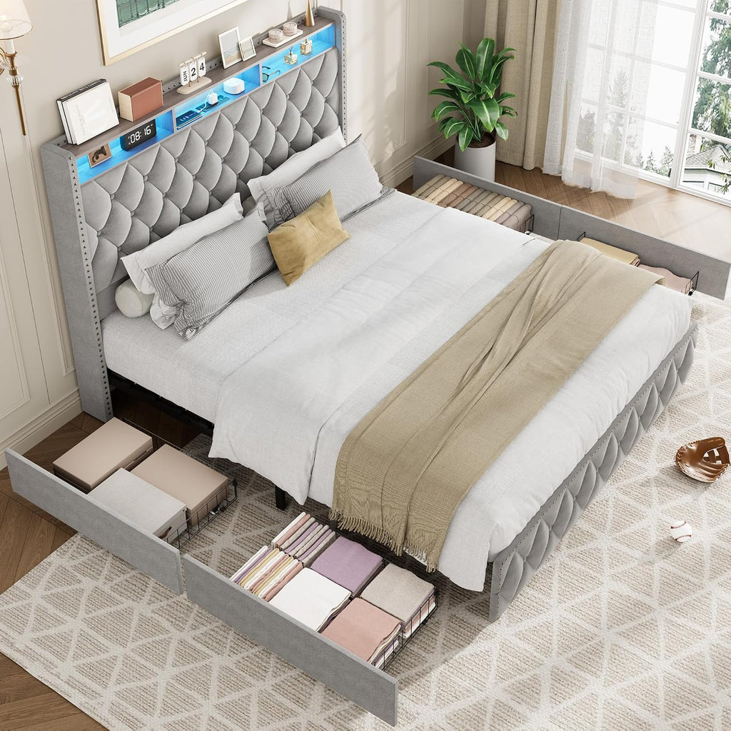 GarveeHome King Size Bed Frame with 50.8' Tall Headboard, Platform Velvet Upholstered Bed Frame with 4 Storage Drawers, USB Charging Station, Led Lights, No Box Spring Needed, Easy Assembly, Dark Grey