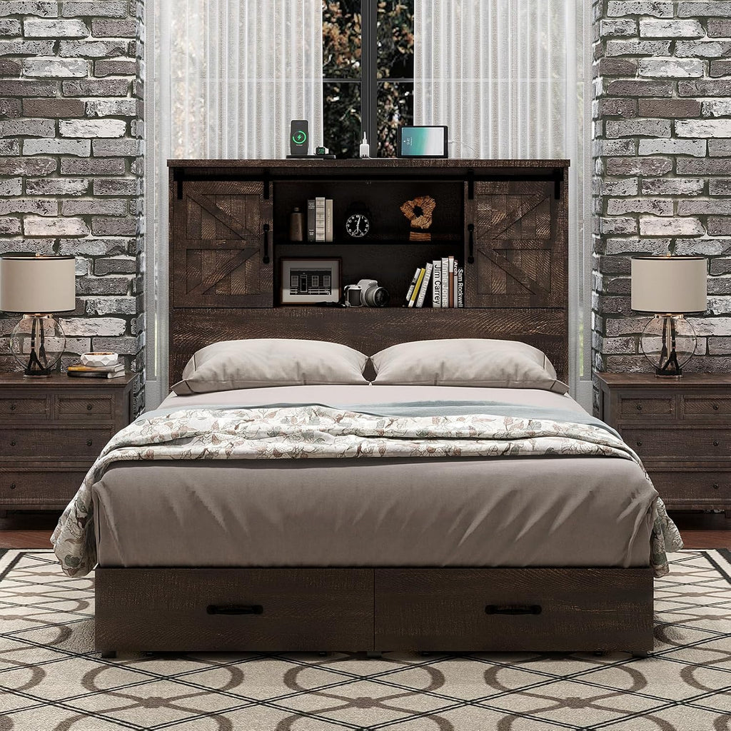 HOWE Farmhouse Queen Size Bed Frame with 51.2' Bookcase Headboard, Wooden Platform Bed with 2 Drawers, Sliding Barn Door Dec, Storage Bed with Charging Station, No Box Spring Needed, Brown