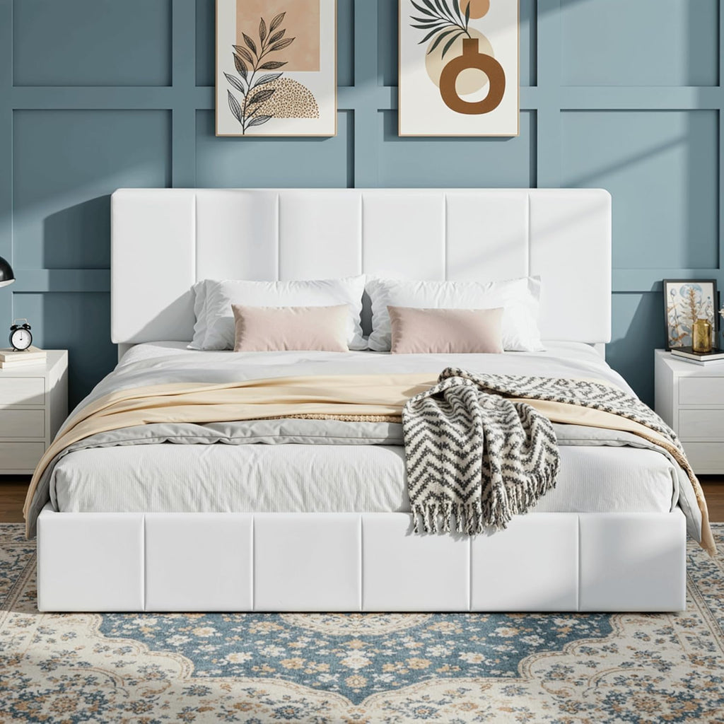 SHA CERLIN King Size Bed Frame, Velvet Upholstered Platform Bed, Vertical Channel Tufted Adjustable Headboard, Low Profile Bed Frame, No Box Spring Needed, Easy Assembly, White