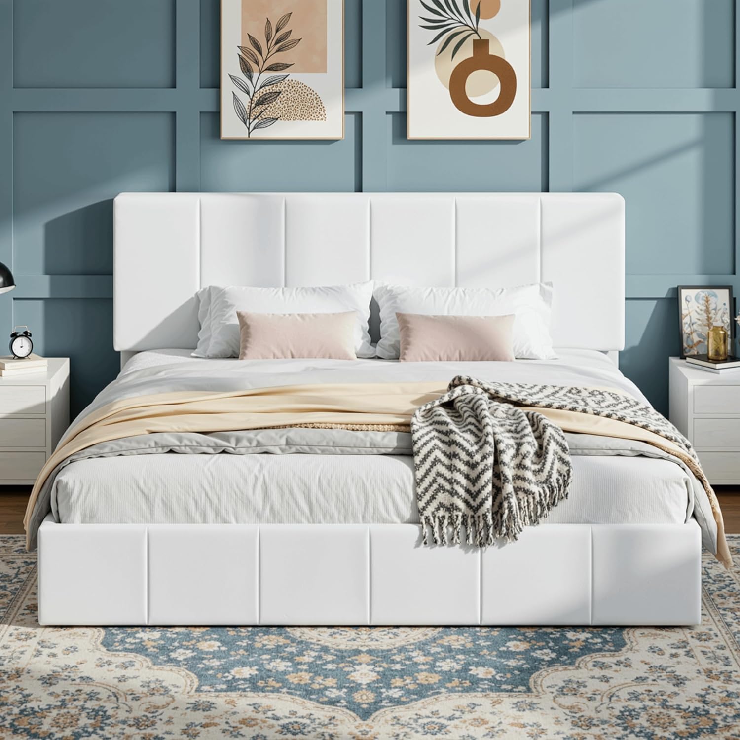 SHA CERLIN King Size Bed Frame, Velvet Upholstered Platform Bed, Vertical Channel Tufted Adjustable Headboard, Low Profile Bed Frame, No Box Spring Needed, Easy Assembly, White