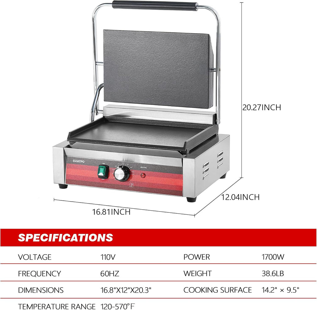 EGGKITPO Commercial Electric Panini Grill with Flat Plates Stainless Steel Sandwich Maker 14'× 9.5' Cast Iron Enamel Plate Countertop Panini Press with Temperature Control for Business 110V 1700W