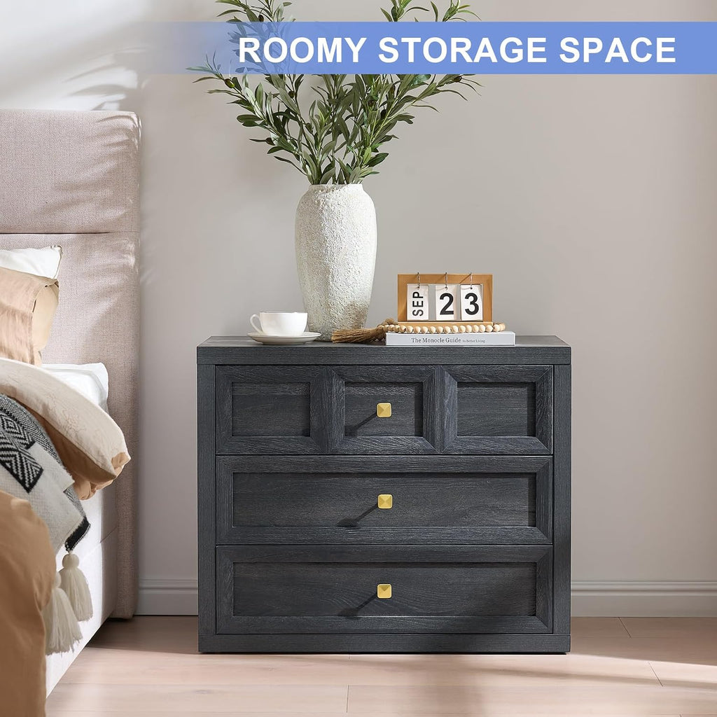 3 Drawers Nightstand Set of 2 W/Charging Station, 30.7' W King Size Bedside Table with 3 Drawers, Accent End Table W/Large Storage, Modern Wood Side Table for Bedroom,Office (2 Pieces, Gray Black)