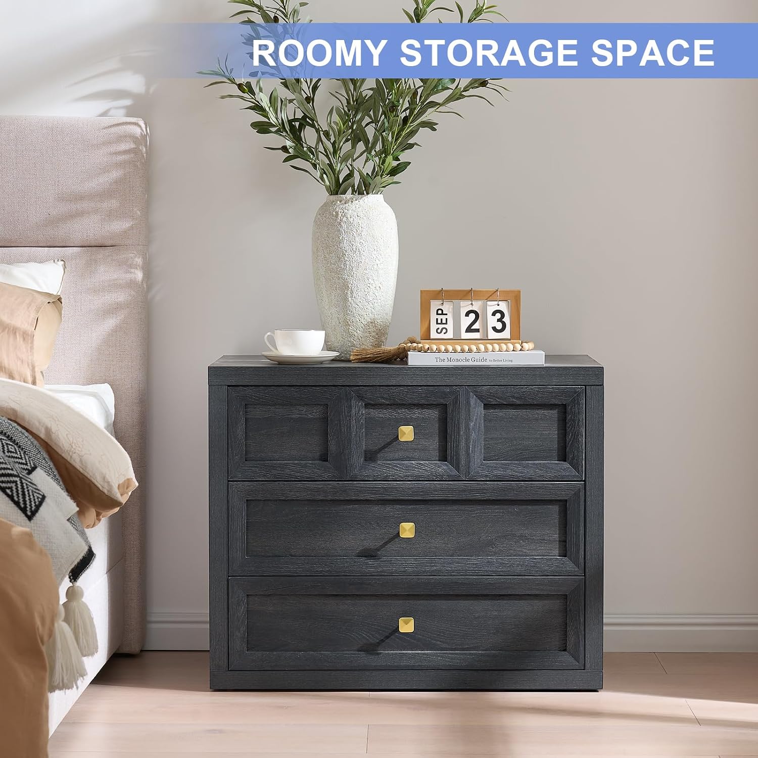 3 Drawers Nightstand Set of 2 W/Charging Station, 30.7' W King Size Bedside Table with 3 Drawers, Accent End Table W/Large Storage, Modern Wood Side Table for Bedroom,Office (2 Pieces, Gray Black)
