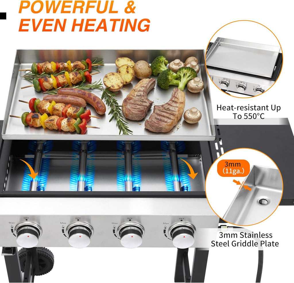 4 Burner Propane Flat Top Grill, 22 Inch Stainless Steel Griddle with Detachable Tabletop & Cart, Portable BBQ Cooker with Side Shelf & 2 Wheels, Dust Cover & Hose for Camping Tailgating