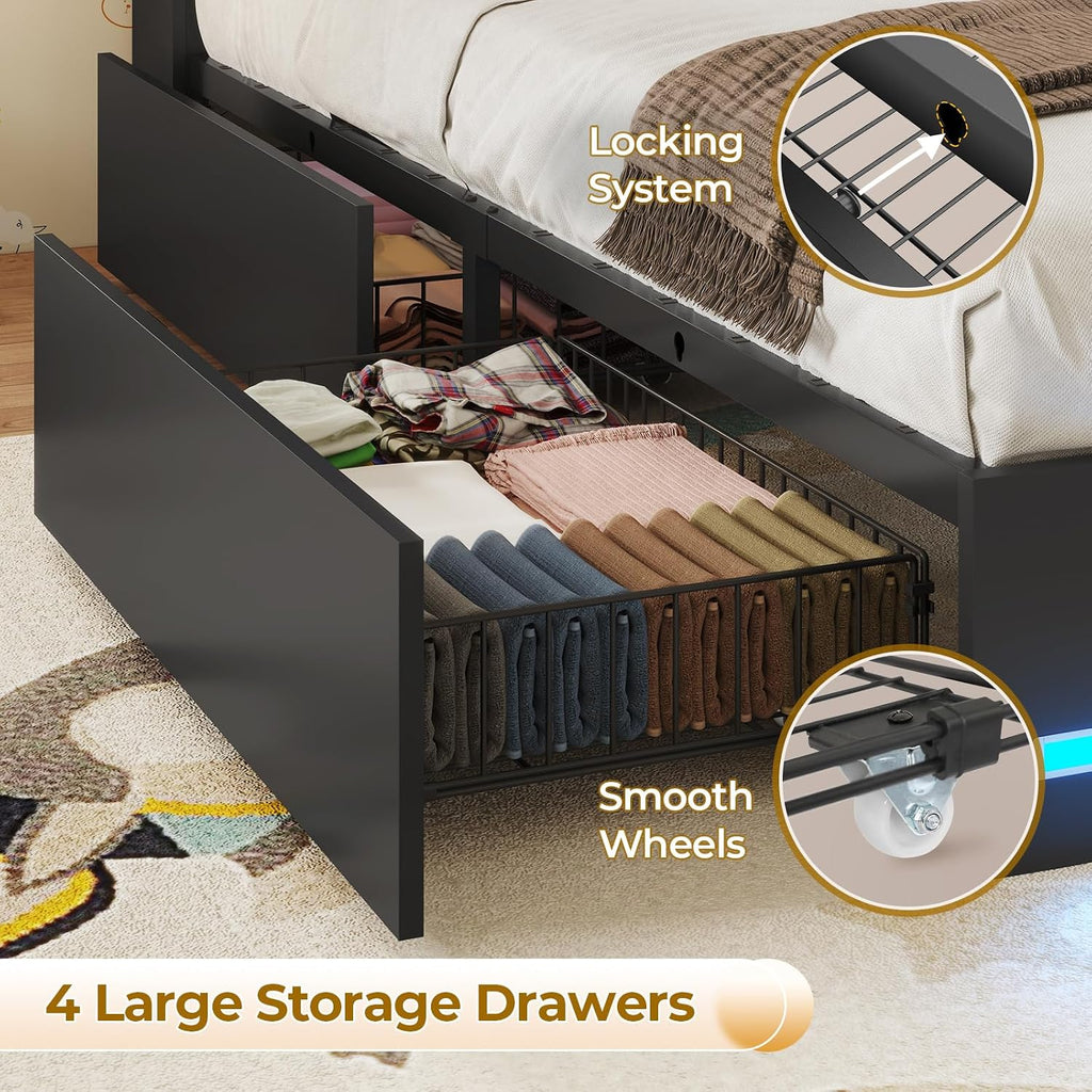 VIAGDO Twin Bed Frames with Bookcase Headboard, Wooden Bed Frame Twin Size with Charging Station, 4 Storage Drawers and LED Lights, LED Bed Frame with Type-C and USB, No Box Spring Needed, Black