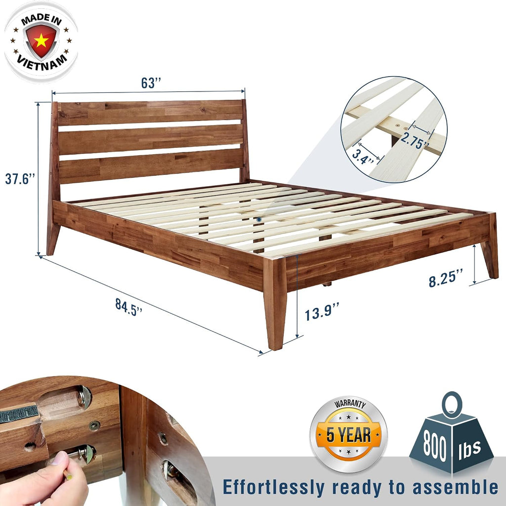 Acacia Emery Bed Frame with Headboard Solid Wood Platform Bed, Queen Size Bed Frame, Mid - Century Modern Wood Bed Compatible with All Mattresses, Easy Assembly, Non-Slip, Walnut
