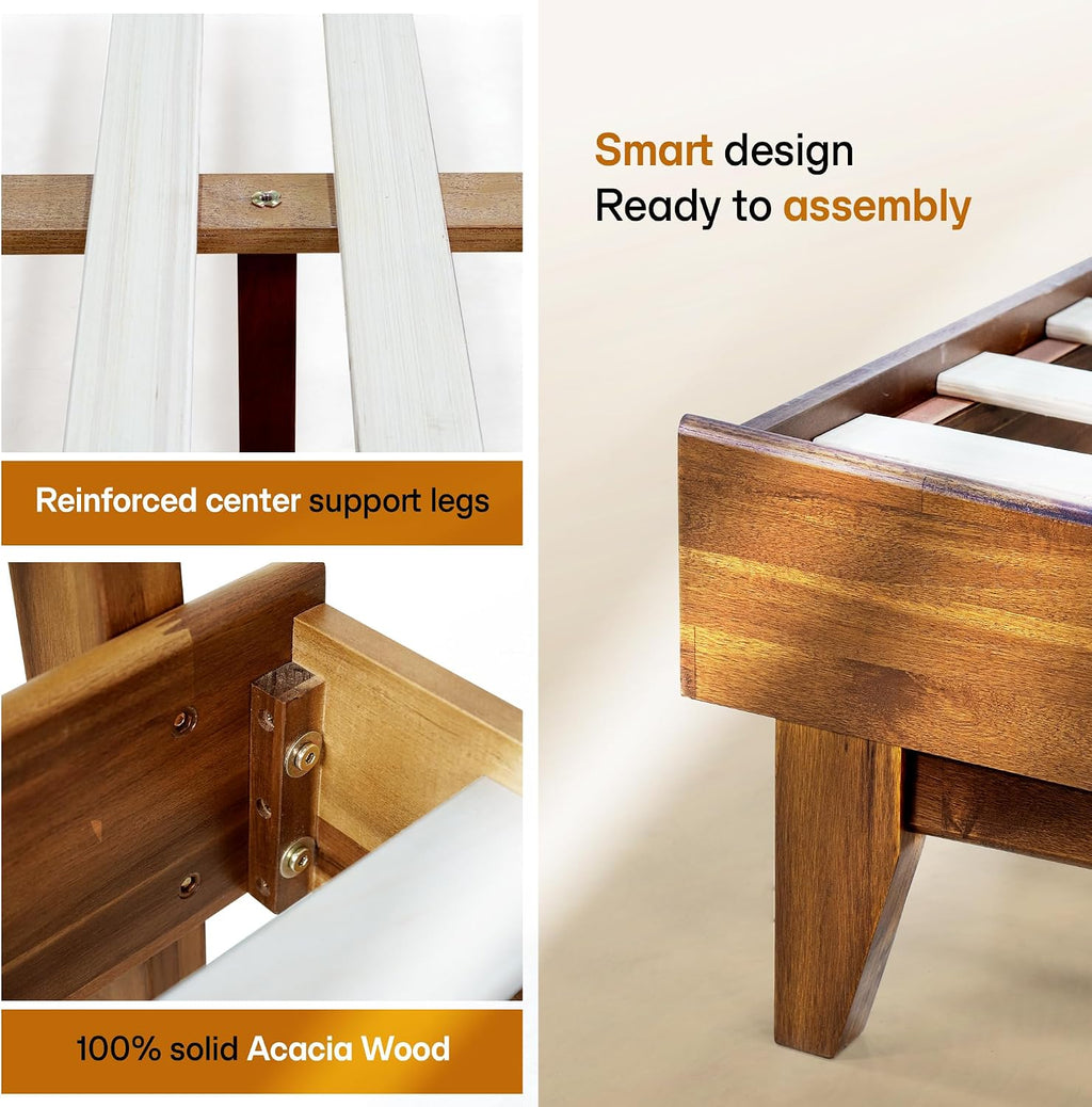 Acacia Aurora Wooden Bed with Headboard, Queen Size Bed Frame, 800lbs Capacity Wood Bed Compatible with All Mattress Types, Non-Slip & Noise-Free, Wood Slats Support, Easy Assembly, Walnut