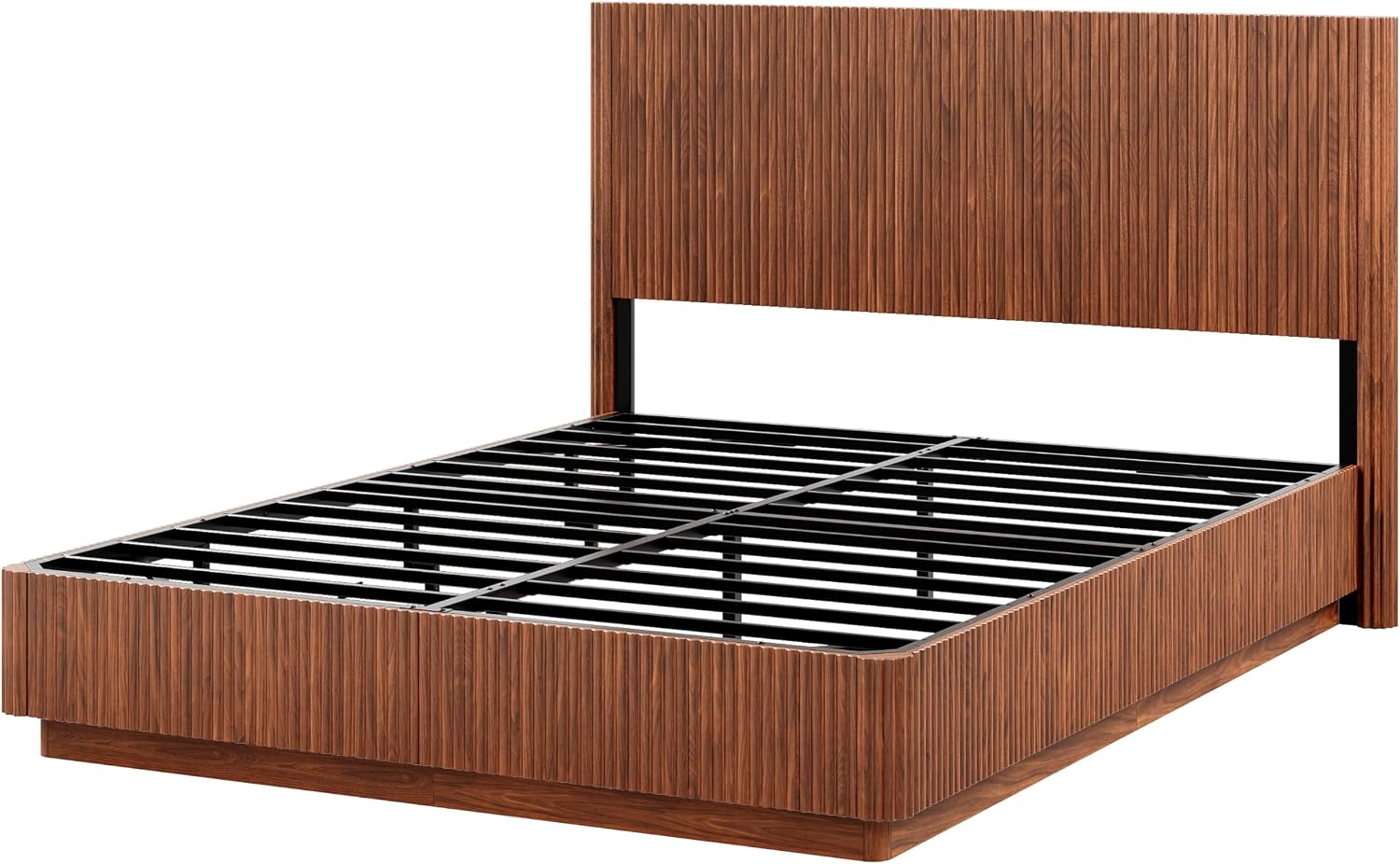ivoros Mid Century Modern Bed Frame Queen Size, Fluted Platform Bed Frame with Headboard, Wood and Steel Platform Beds with LED Lights, Heavy Metal Frame Support, No Box Spring Needed, Walnut
