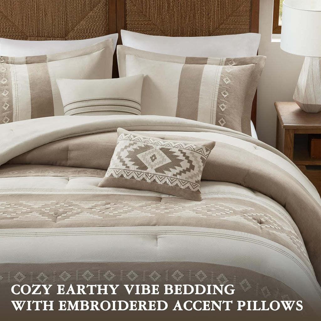 Woolrich Queen Comforter Set – Sutherland 5-Piece Microsuede Embroidered Bedding Set with Decorative Pillows, Taupe