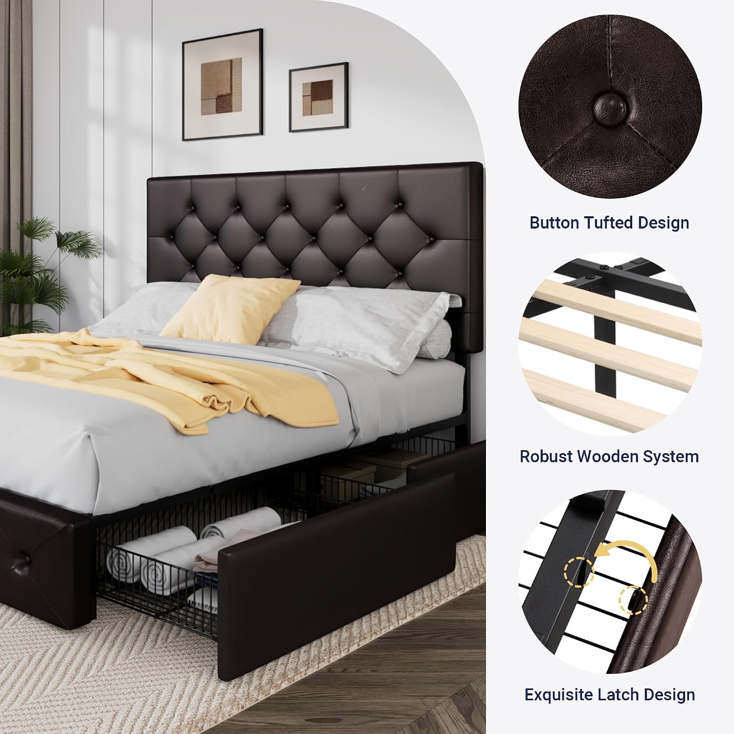 Allewie Upholstered Full Size Platform Bed Frame with 4 Storage Drawers and Headboard, Diamond Stitched Button Tufted, Mattress Foundation with Wooden Slats Support, No Box Spring Needed, Black Brown