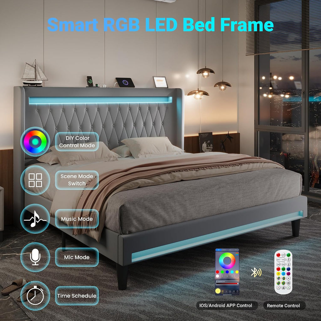 Allewie Upholstered King Size Platform Bed Frame with LED Light and Charging Station, Button Tufted High Headboard, Wingback Design, Noise Free, Easy Assembly, No Box Spring Needed, Grey