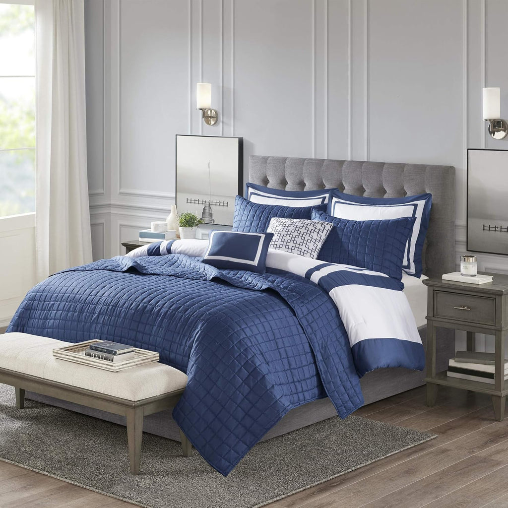 Madison Park Heritage Comforter Quilt Combo Set - Modern Luxury Design, All Season Down Alternative Bedding, Matching Shams, Decorative Pillows, King/Cal King(104'x92'), Color Block Navy 8 Piece