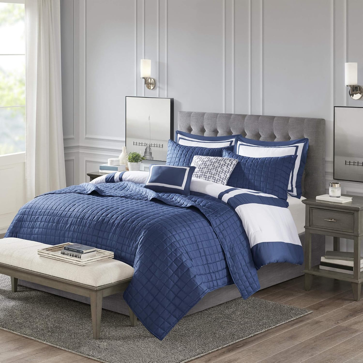 Madison Park Heritage Comforter Quilt Combo Set - Modern Luxury Design, All Season Down Alternative Bedding, Matching Shams, Decorative Pillows, King/Cal King(104'x92'), Color Block Navy 8 Piece