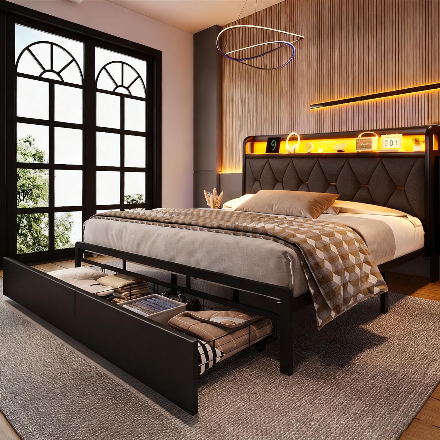 Ailisite King Size Bed Frame with 2 Storage Drawers, Faux Leather Upholstered King Bed Frame with Headboard and Storage and Charging Station, Led Bed, Heavy-Duty Metal Slats Support, Noise-Free,Black