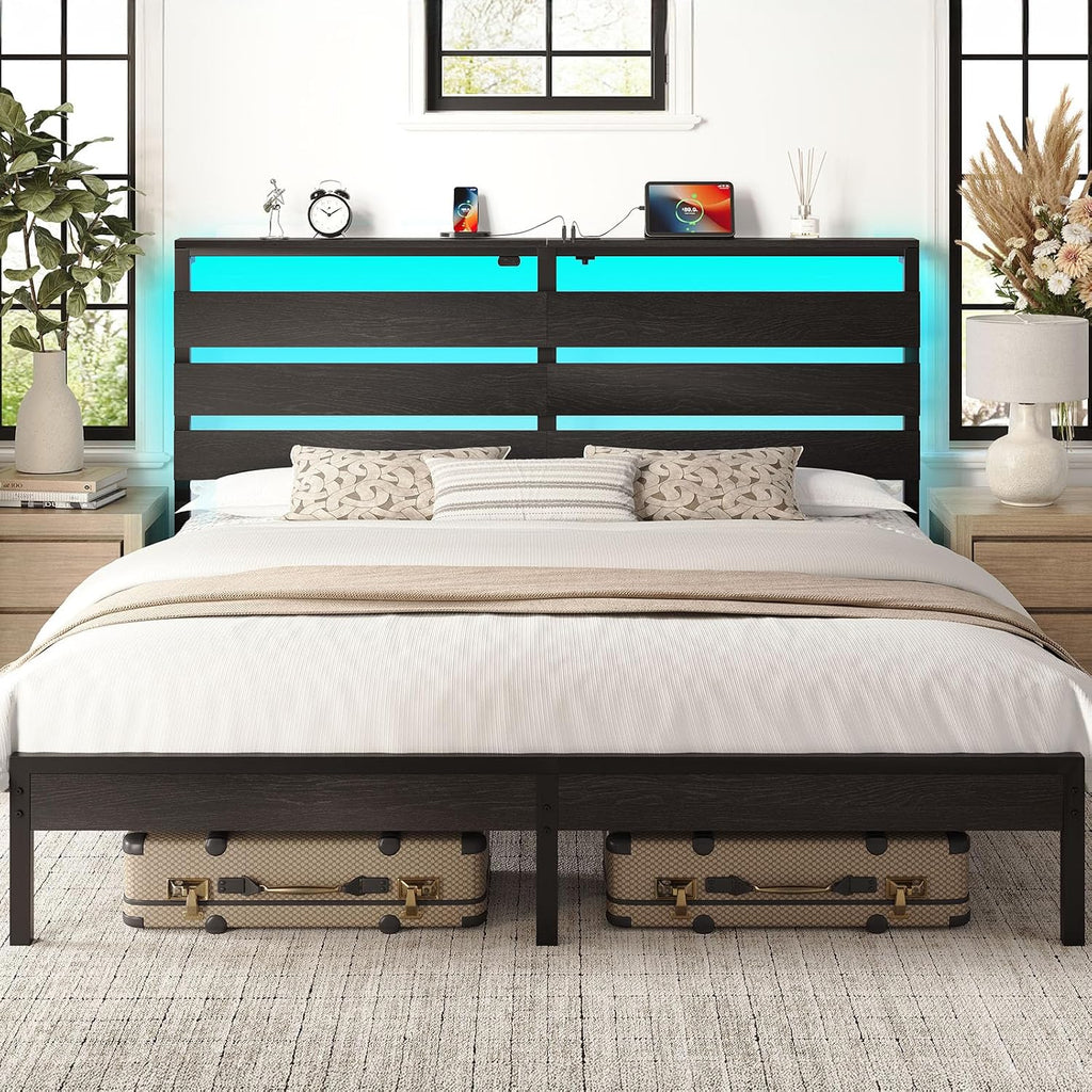 Rolanstar King Size Bed Frame with LED Lights and Charging Station, Wood Storage Headboard and Under Bed Storage, Metal Platform, Noise Free, No Box Spring Needed, Balck Oak