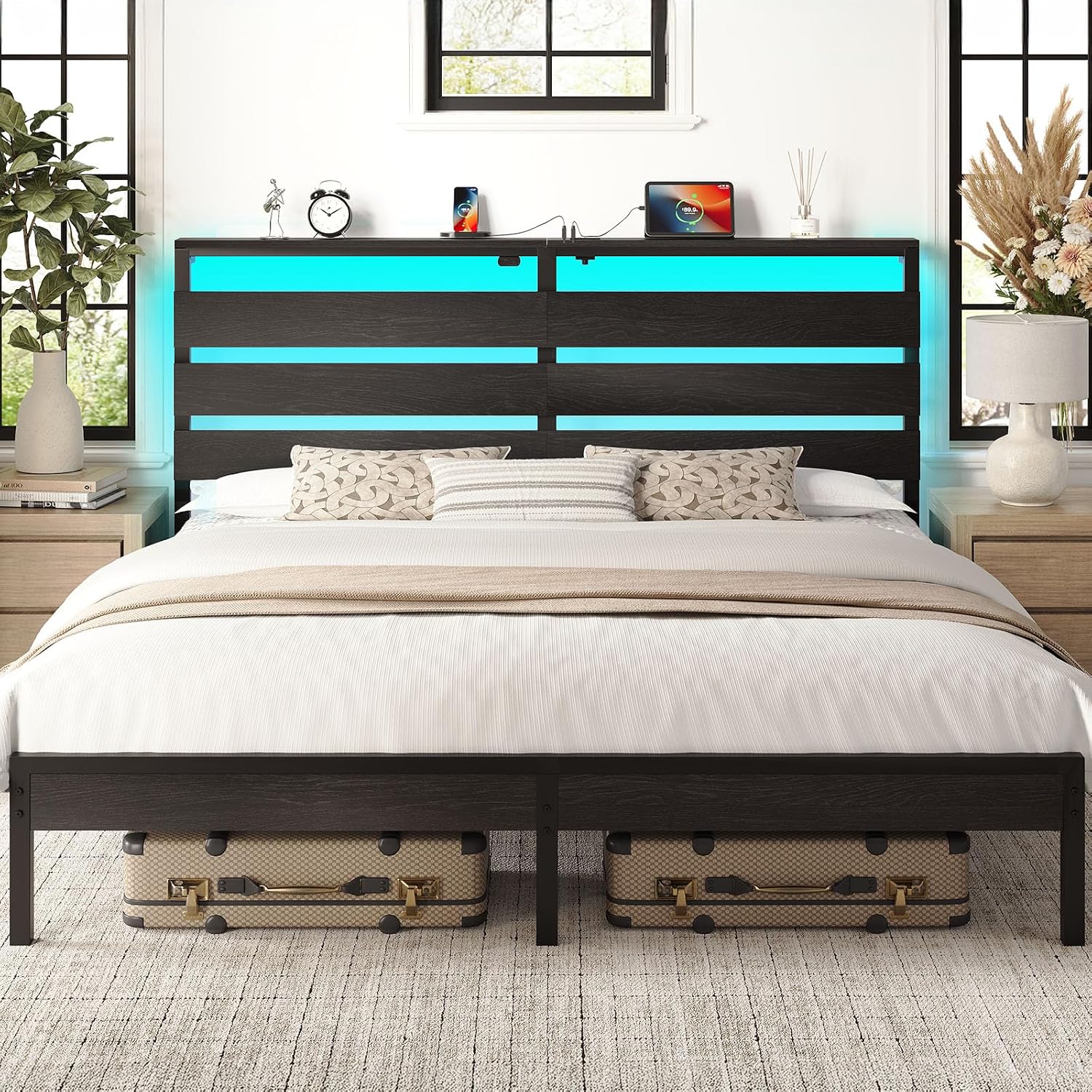 Rolanstar King Size Bed Frame with LED Lights and Charging Station, Wood Storage Headboard and Under Bed Storage, Metal Platform, Noise Free, No Box Spring Needed, Balck Oak