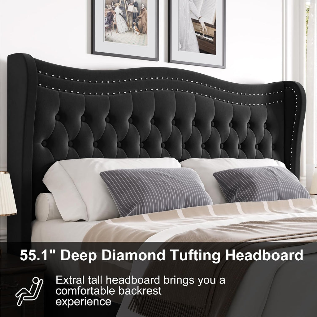 Upholstered Queen Size Bed Frame with Tall Headboard, Velvet Wingback Platform Bed Frame with Deep Button Tufted, No Box Spring Needed, Noise Free, Black