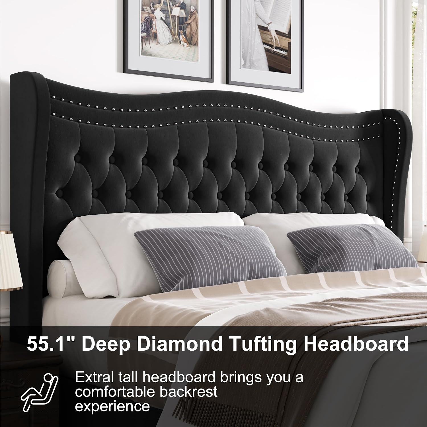 Upholstered Queen Size Bed Frame with Tall Headboard, Velvet Wingback Platform Bed Frame with Deep Button Tufted, No Box Spring Needed, Noise Free, Black