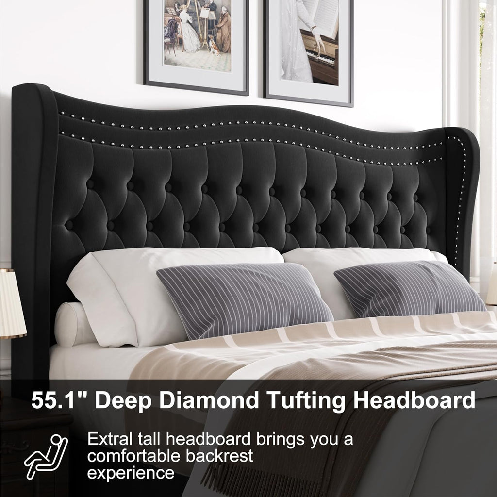 Upholstered King Size Bed Frame with Tall Headboard, Velvet Wingback Platform Bed Frame with Deep Button Tufted, No Box Spring Needed, Noise Free, Black