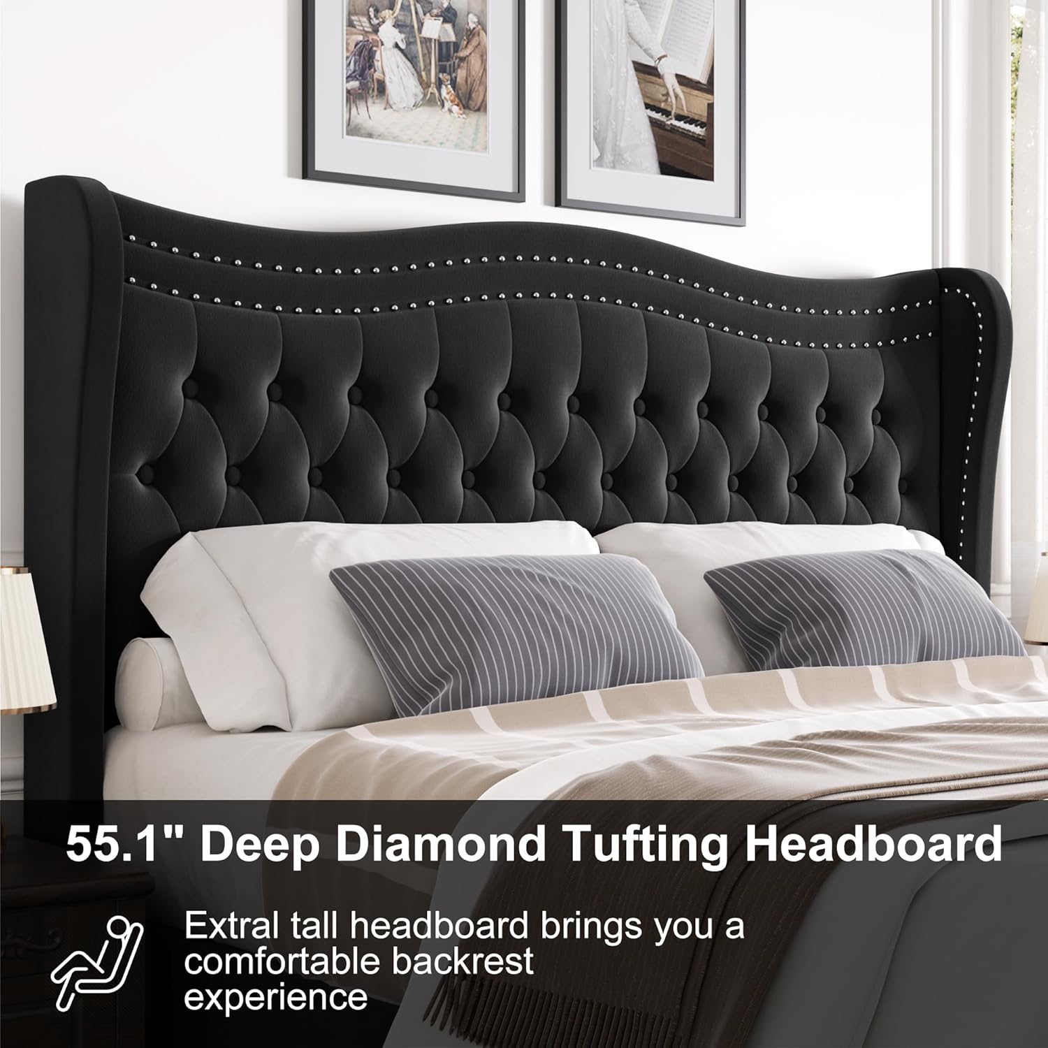 Upholstered King Size Bed Frame with Tall Headboard, Velvet Wingback Platform Bed Frame with Deep Button Tufted, No Box Spring Needed, Noise Free, Black