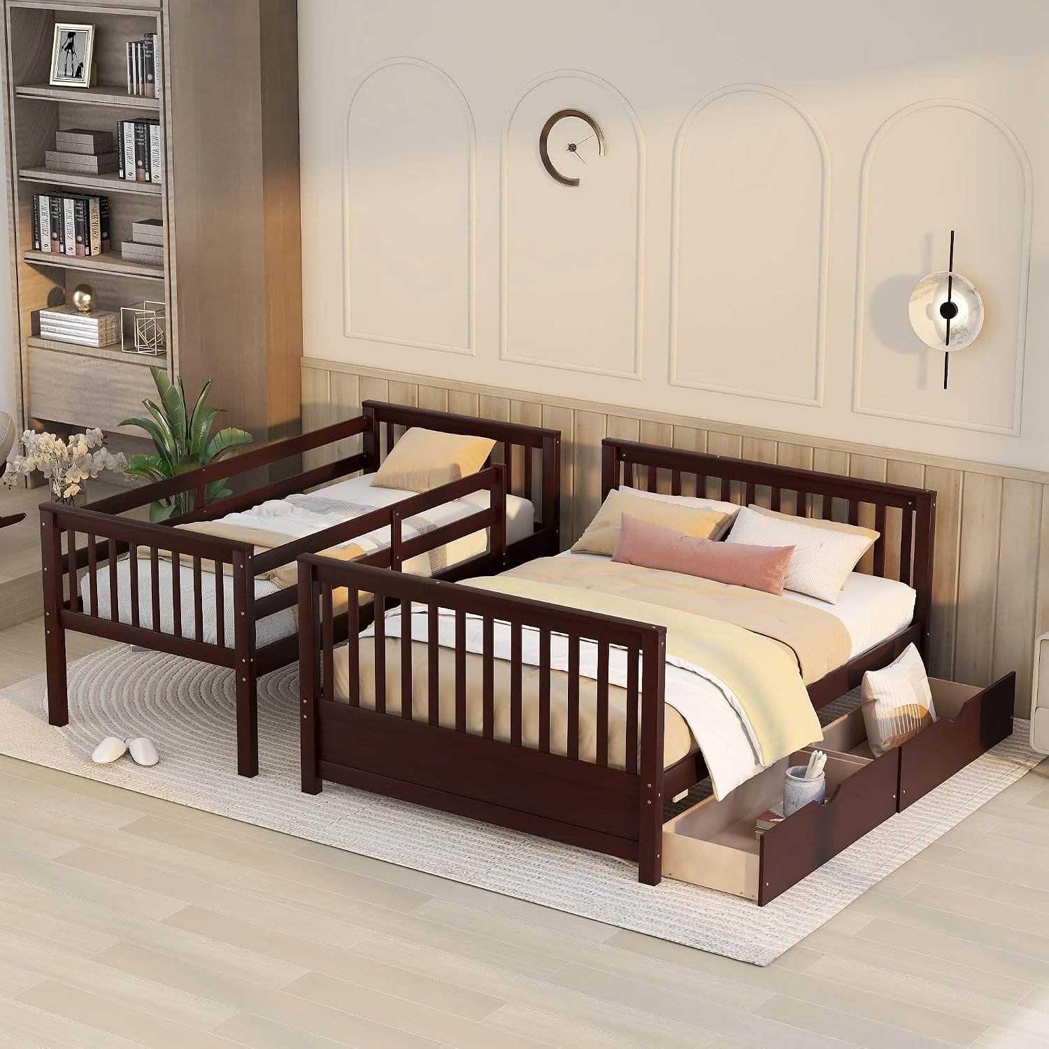 Harper & Bright Designs Twin Over Full Bunk Bed with Two Storage Drawers,Guardrails and Ladder,Solid Wood Bunk Bed Convertible to 2 Separated Platform Beds (Espresso)