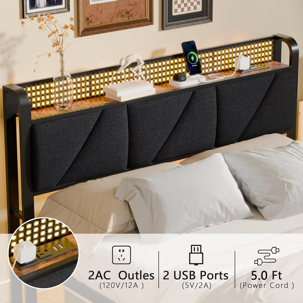 Furnulem Full Size Bed Frame with Headboard and Storage Shelf, LED Light and Charging Station, Metal Platform Bed with Heavy Duty Slats, No Box Spring Needed, Noise Free & Easy Assembly