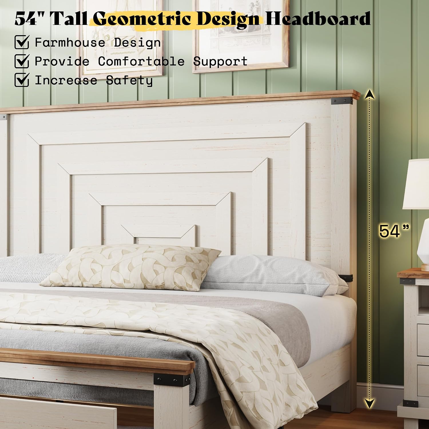 AMERLIFE Queen Bed Frame with Drawers, 54' Tall Headboard, Wood Platform Bed, No Box Spring Needed, Farmhouse Bedframe for Bedroom, Rustic White