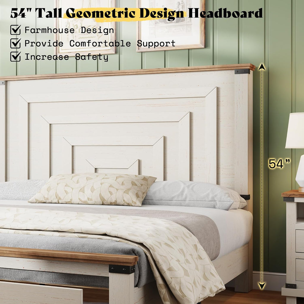 AMERLIFE 2 Pieces Farmhouse Bedroom Set, Rustic Wooden Queen Bed Frame with 54' Tall Headboard & 6 Drawers Dresser Chest, Heavy Duty Thick Plank Design, Antique White