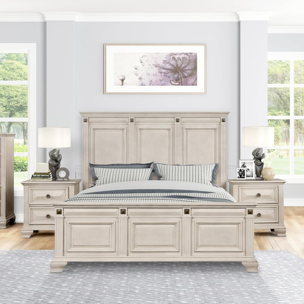 Roundhill Furniture Renova 3-Piece Distressed Parchment Bedroom Set, Bed with 2 Nightstands, King