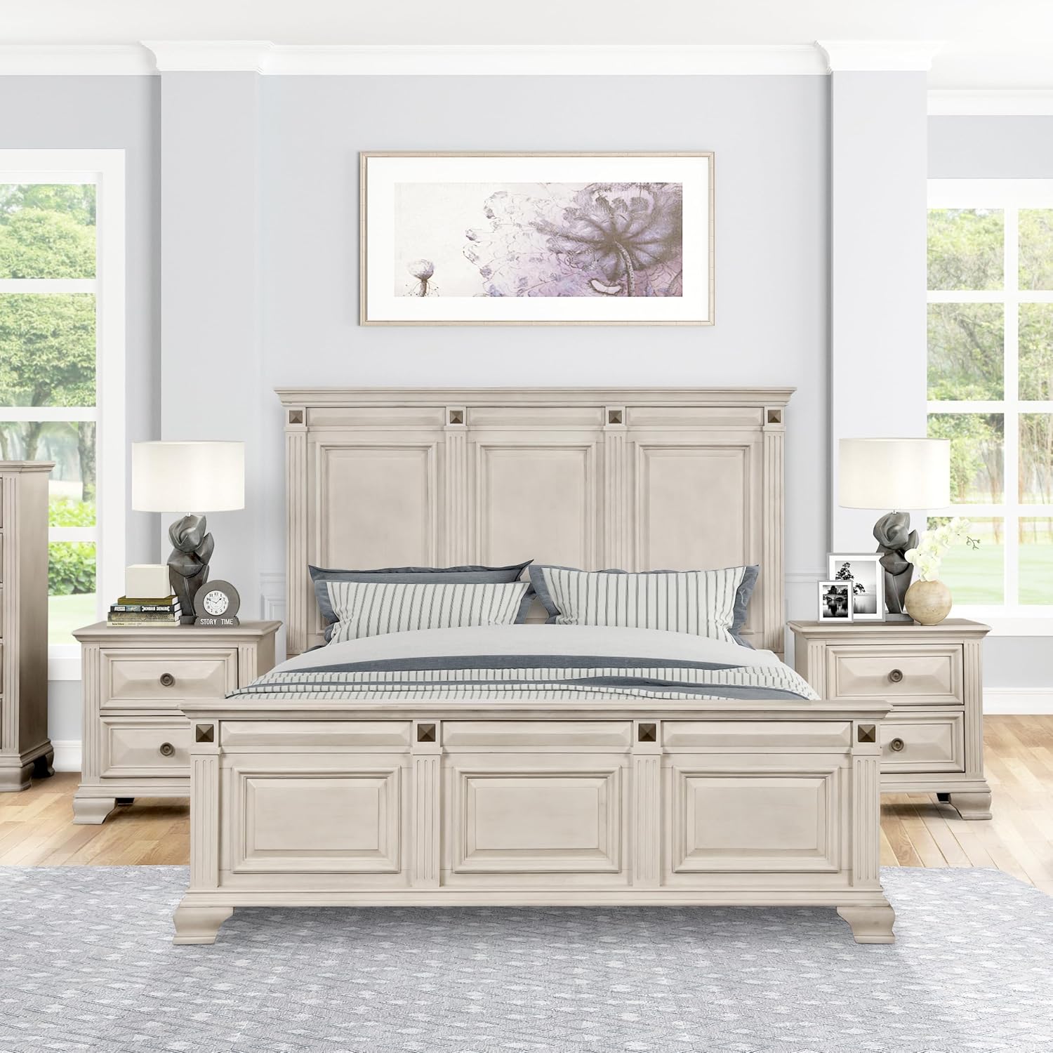Roundhill Furniture Renova 3-Piece Distressed Parchment Bedroom Set, Bed with 2 Nightstands, King