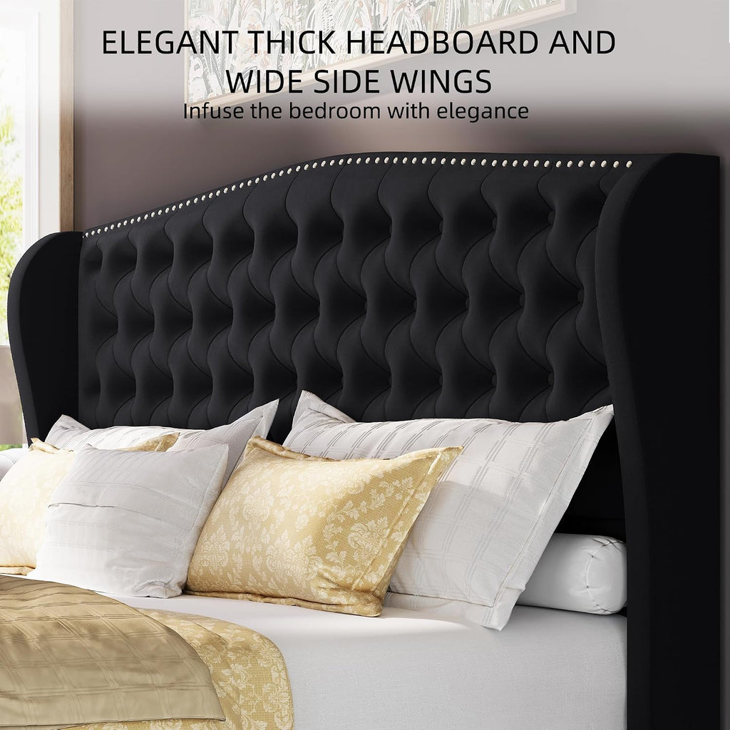 BRELTAM Upholstered King Size Bed Frame Velvet Black Tufted Platform Bed Frame with Wingback Headboard & Footboard, with Deep Button Tufted & Nailhead Wooden Slats Support, No Box Spring Needed