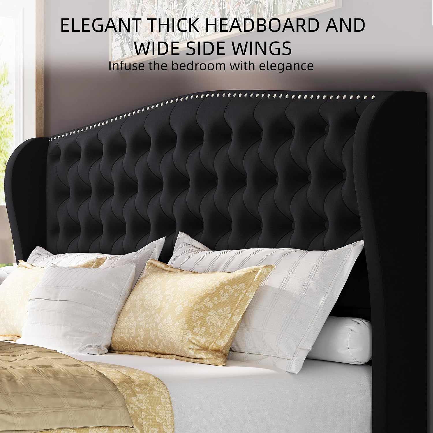 BRELTAM Upholstered King Size Bed Frame Velvet Black Tufted Platform Bed Frame with Wingback Headboard & Footboard, with Deep Button Tufted & Nailhead Wooden Slats Support, No Box Spring Needed