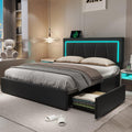 Hasuit Full Bed Frame with 4 Storage Drawers Underneath, Upholstered Platform Bed Full Size with Artificial Leather Headboard, Modern Bed with LED Light, and Charging Station, Black