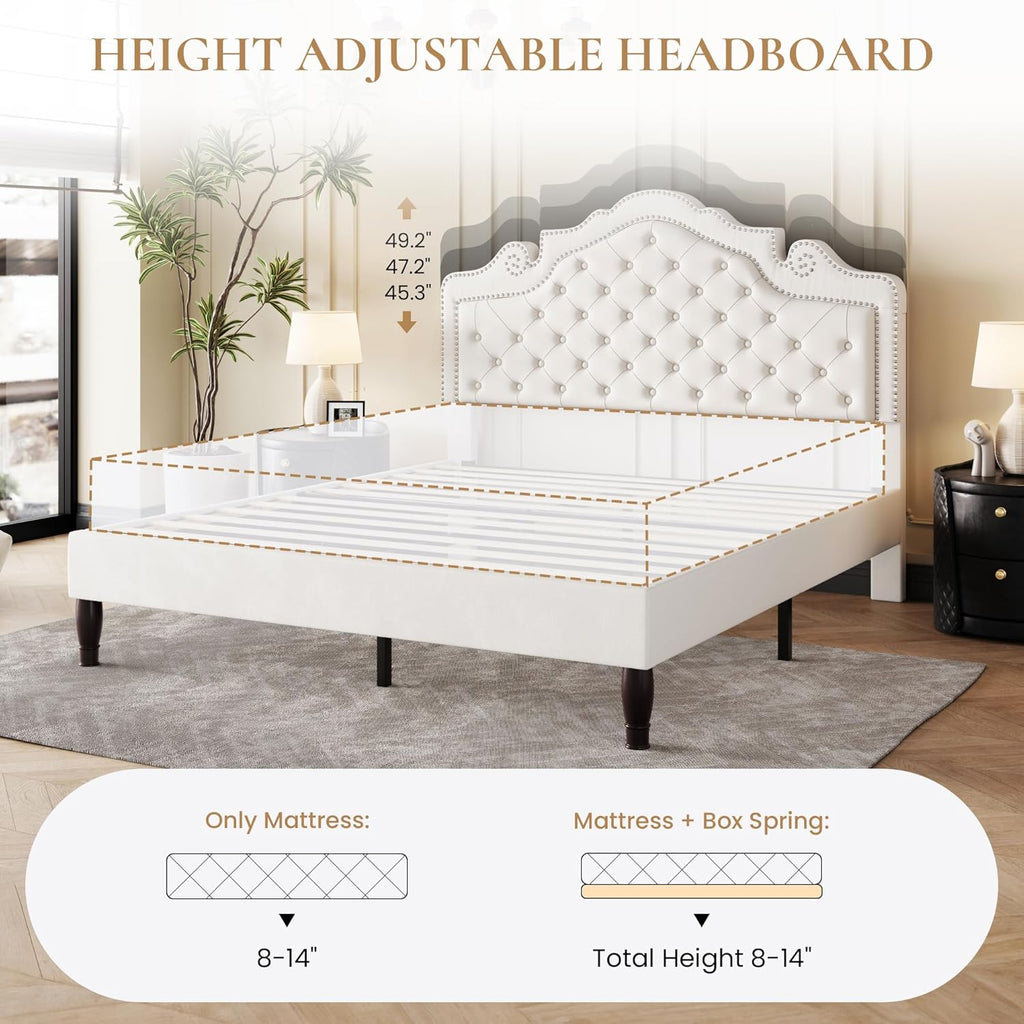 SHA CERLIN Full Size Bed Frame with Adjustable Headboard/Velvet Upholstered/Diamond Button Tufted and Metal Studs/No Box Spring Needed/Sturdy Wood Slat Support/Easy Assembly/White