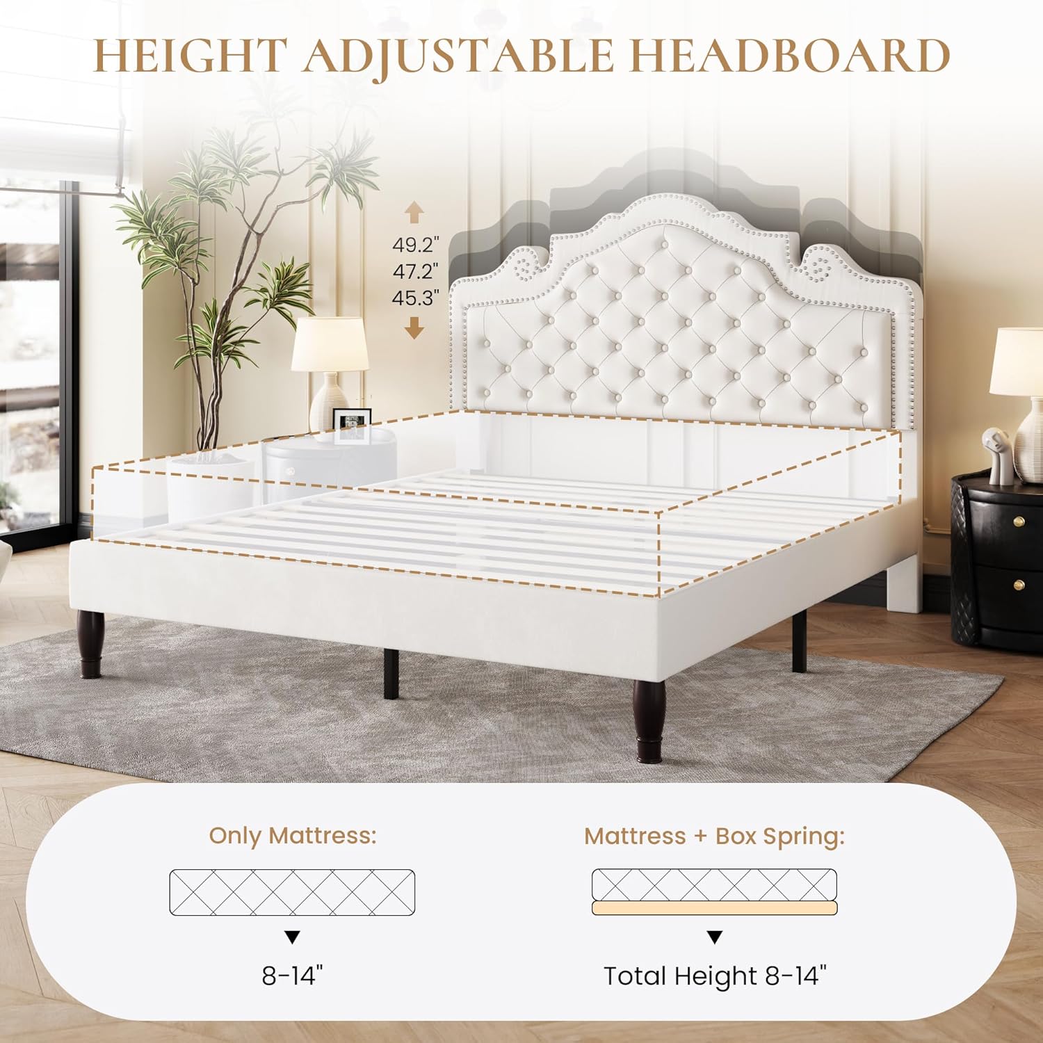 SHA CERLIN Full Size Bed Frame with Adjustable Headboard/Velvet Upholstered/Diamond Button Tufted and Metal Studs/No Box Spring Needed/Sturdy Wood Slat Support/Easy Assembly/White