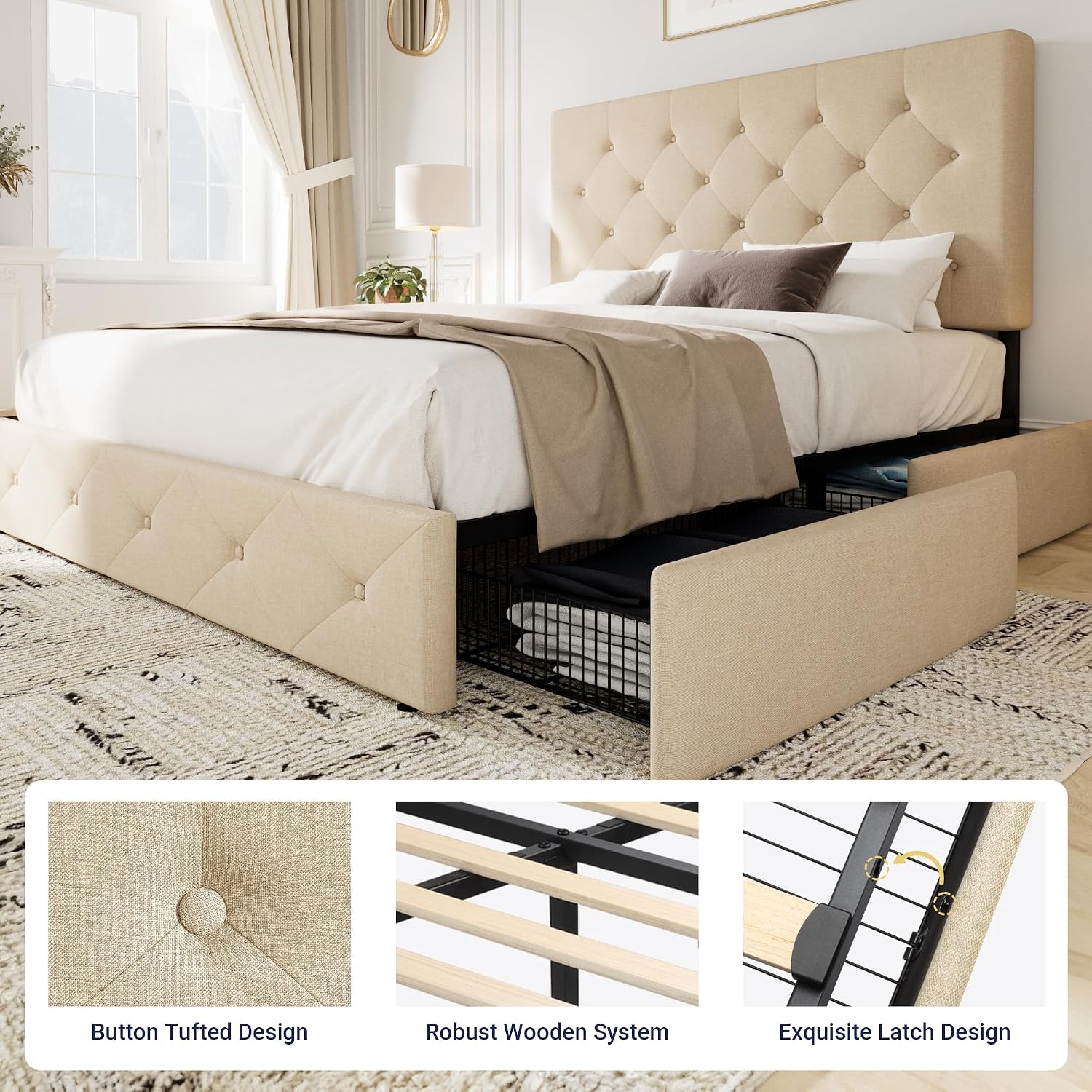 Allewie Upholstered Full Size Platform Bed Frame with 4 Storage Drawers and Headboard, Diamond Stitched Button Tufted, Mattress Foundation with Wooden Slats Support, No Box Spring Needed, Beige