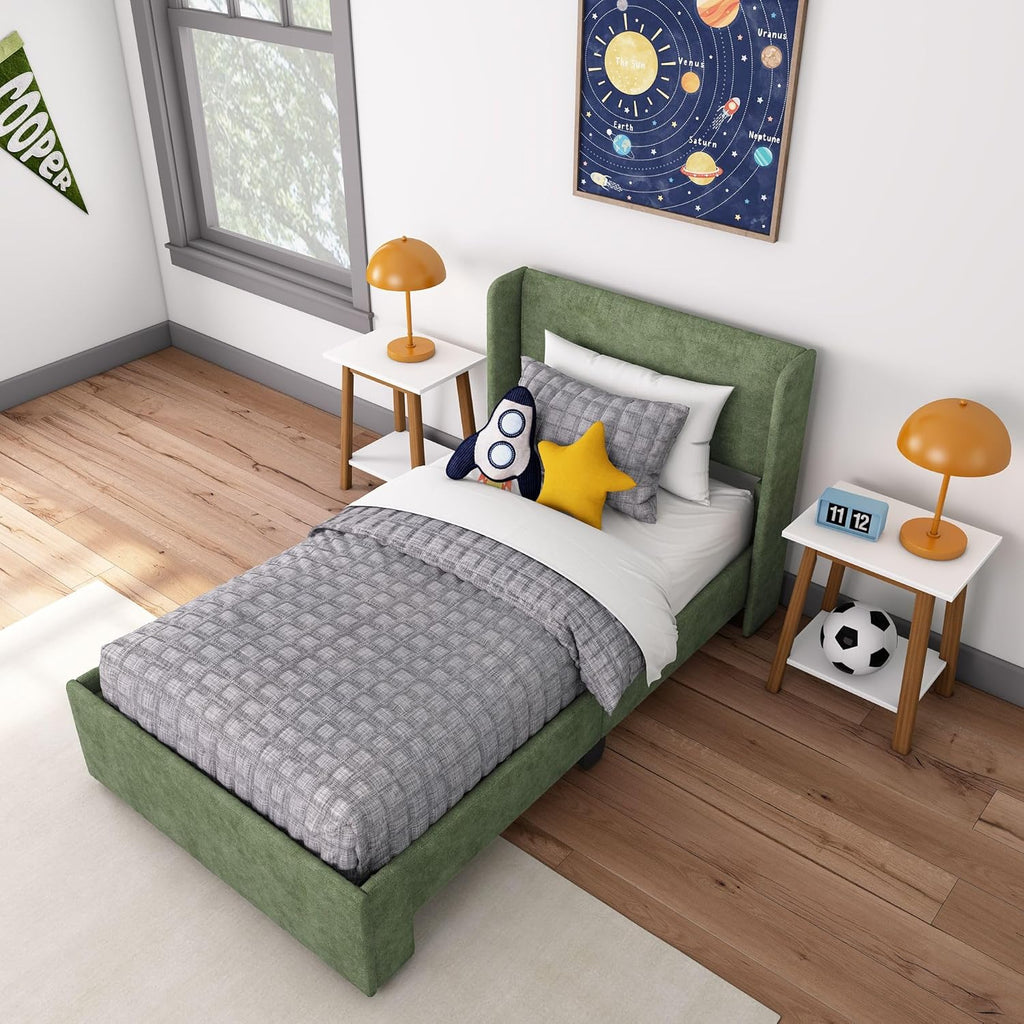 Max & Lily Upholstered Twin Bed Frame with Rectangular Headboard, Upholstered Platform Bed for Kids, No Box Spring Needed, Easy Assembly, Green
