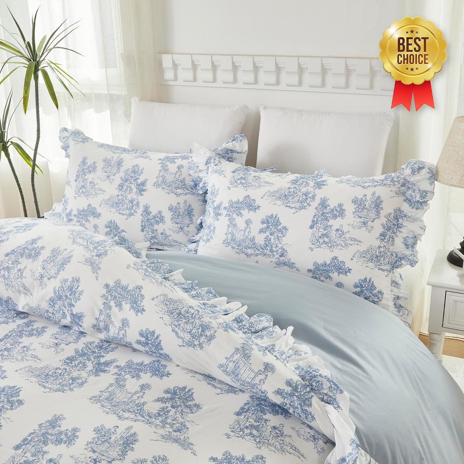Brandream French Toile Duvet Quilt Cover Full Size 100% Cotton Bedding Set Pastoral Toile Cottagecore Grandmillennial Tapestry Pattern Garden Floral Blossom Tree Delicate Ruffle Fringe Design, Blue