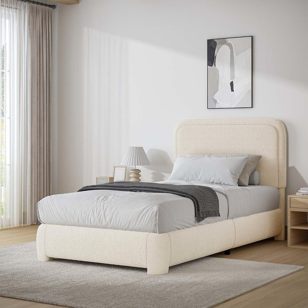 BarnFurin Twin Size Bed Frame,Cloud Boucle Upholstered Platform Bed Frame with Headboard, Soft Rounded Corners, No Box Spring Required, Non-Slip and Noise-Free, Easy Assembly, Cream