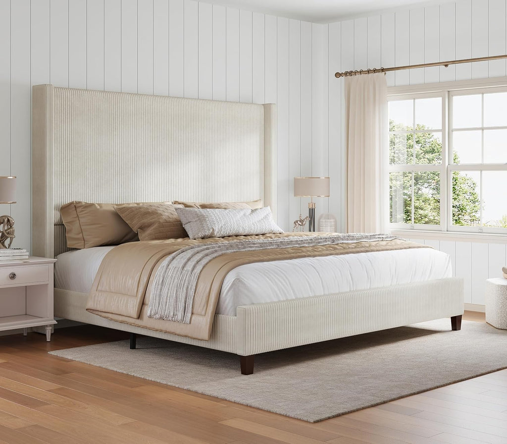HOWE Queen Size Bed Frame with 61.4' Extra Tall Headboard, Corduroy Upholstered Bed with Vertical Wingback Headboard, No Box Spring Needed/Noise Free/Solid Wood Slats & Legs/Cream