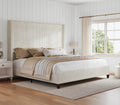 HOWE Queen Size Bed Frame with 61.4' Extra Tall Headboard, Corduroy Upholstered Bed with Vertical Wingback Headboard, No Box Spring Needed/Noise Free/Solid Wood Slats & Legs/Cream