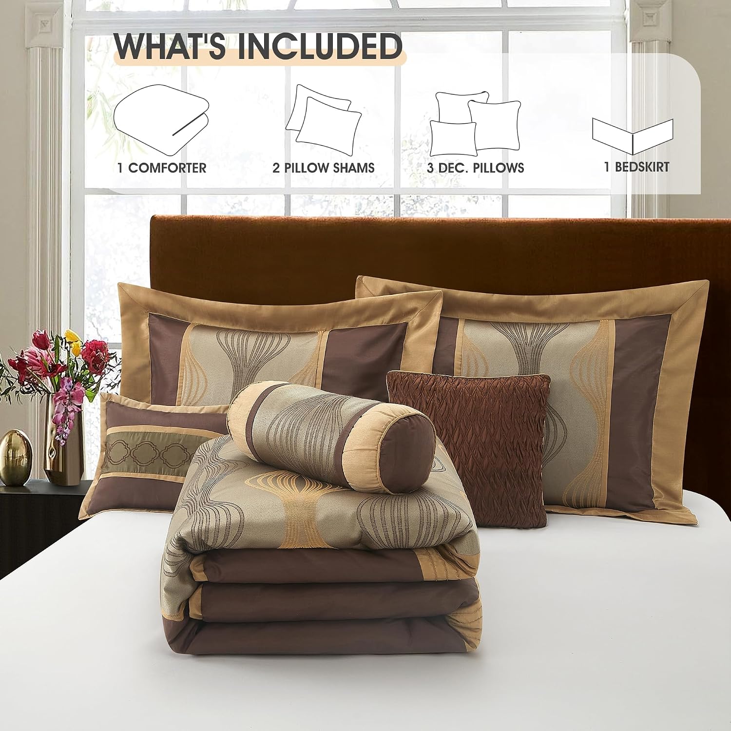 LANCO MODERN LIFESTYLE Full Comforter Set, Brown, 7 Pieces Bed in a Bag, Ultra Soft Jacquard with Solid Piecework, Luxury Bed Set with Comforters, Bed Skirt, Pillow Shams and Decorative Pillows