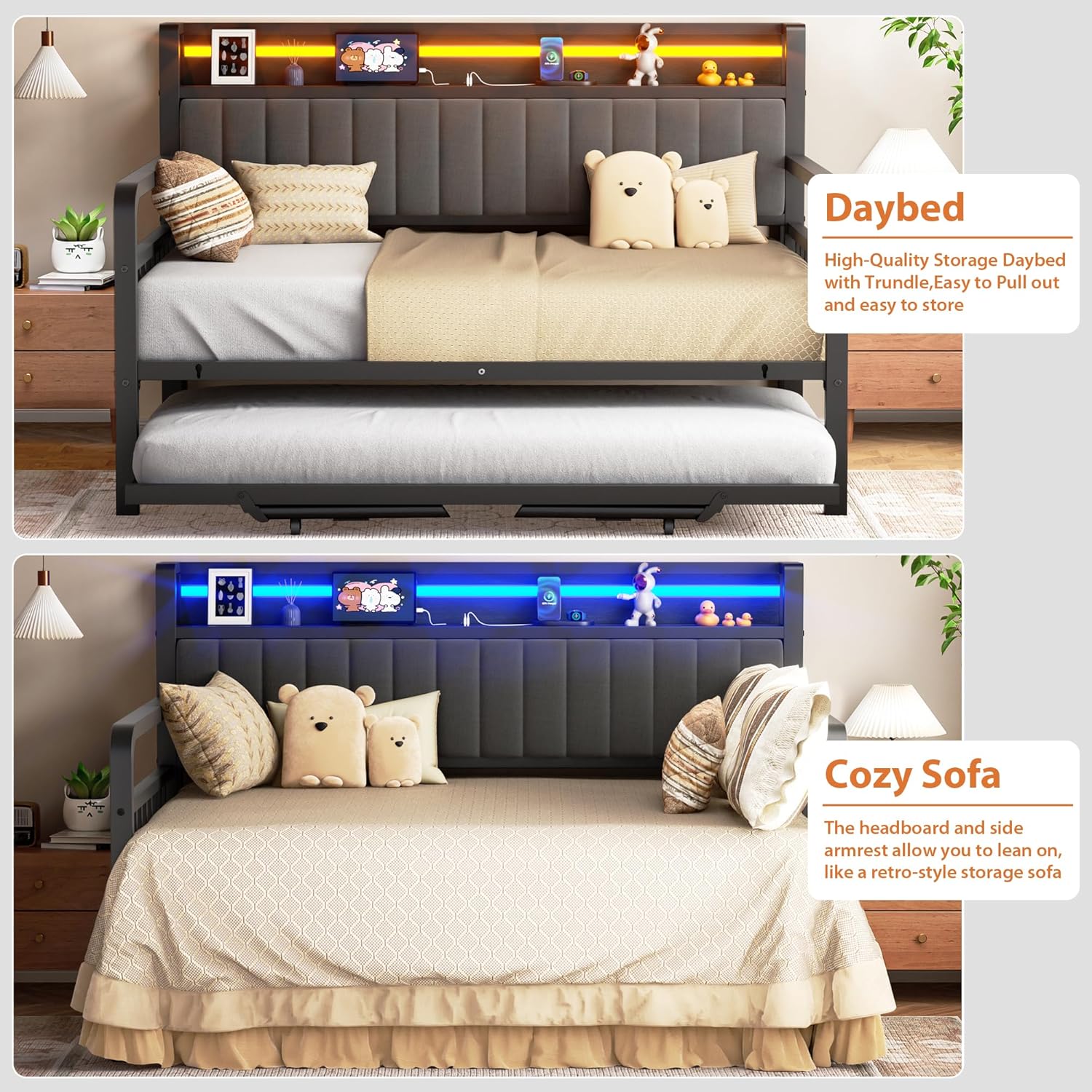 Daybed with Trundle and LED Light, Heavy Duty Metal Full Bed Frame with Upholstered Storage Headboard & Charging Station, Day Bed Pop Up Trundle Bed for Living Room,Bedroom and Guest Room, Black