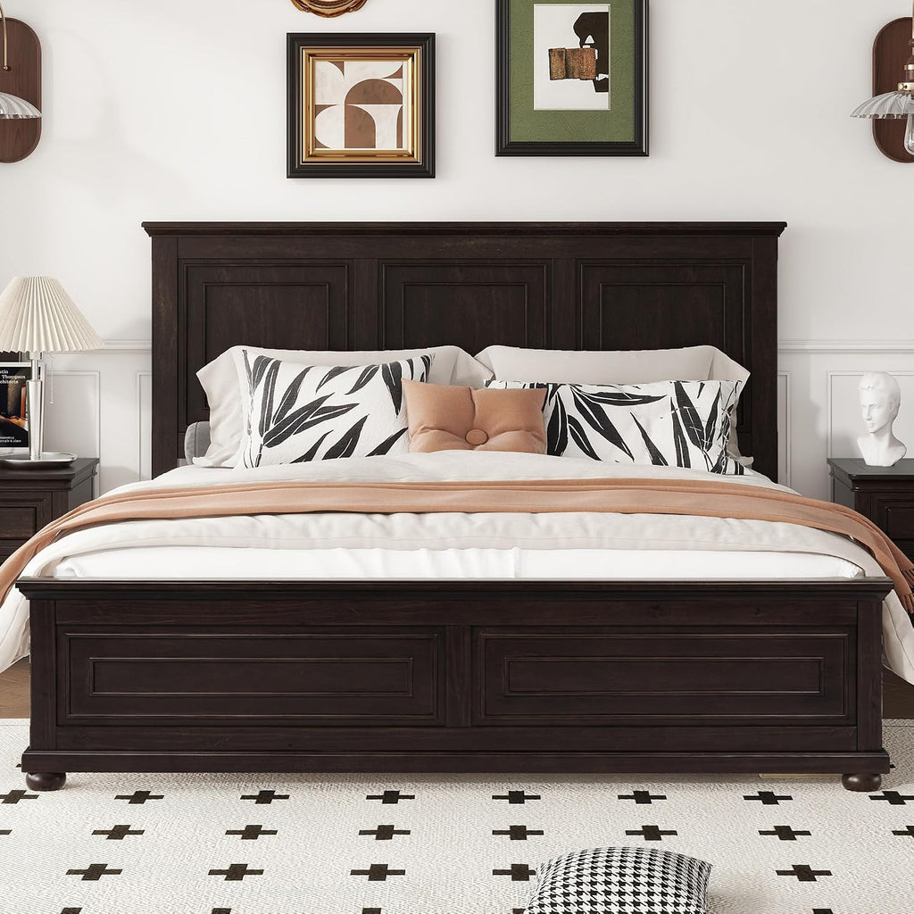 Mirightone Farmhouse King Bed Frame with High Headboard & Footboard, Solid Wood Rustic Bedroom Furniture Set with USB Charging Station, Under Bed Storage, No Box Spring Needed,Antique Brown
