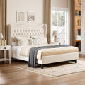 Upholstered King Size Bed Frame with Tall Headboard, Velvet Wingback Platform Bed Frame with Deep Button Tufted, No Box Spring Needed, Noise Free, Beige