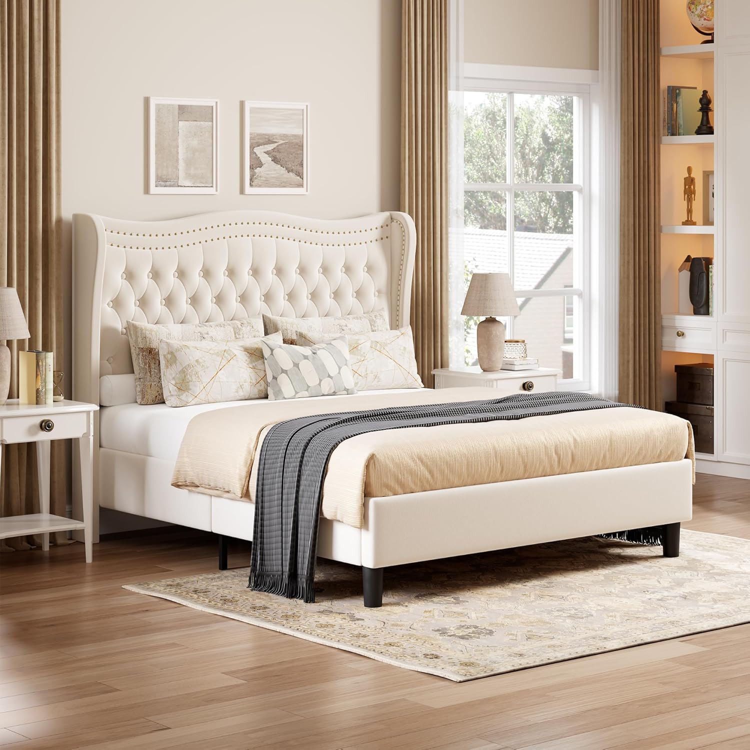 Upholstered King Size Bed Frame with Tall Headboard, Velvet Wingback Platform Bed Frame with Deep Button Tufted, No Box Spring Needed, Noise Free, Beige