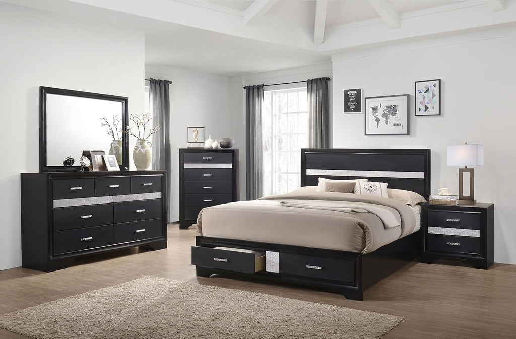 Coaster Home Furnishings Miranda Contemporary 5-Piece Bedroom Set Eastern King Size Storage Panel Bed Frame 50-inch Headboard Black 206361KE-S5