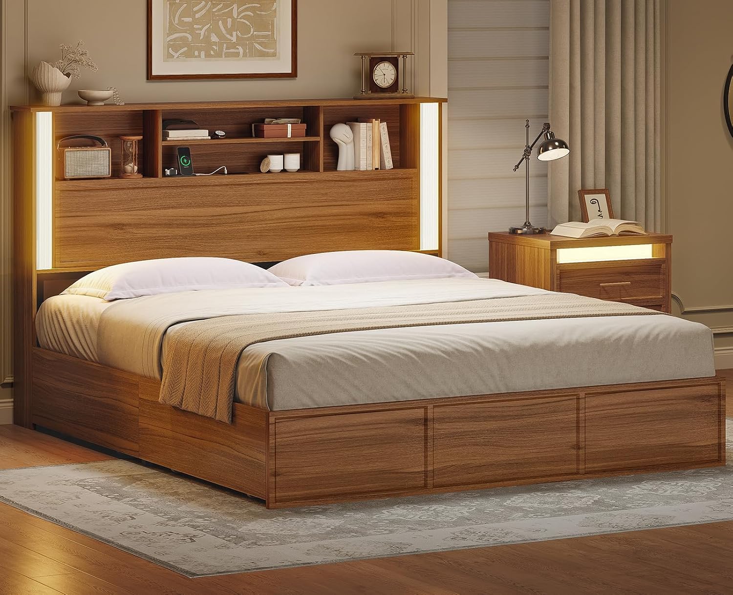 Queen Bed Frame with 4 Storage Drawers and 3 Tier Storage Headboard, Black Wooden Bed Frame Queen Size with Charging Station and 3 Color- Lightbox, No Box Spring Needed,Wood