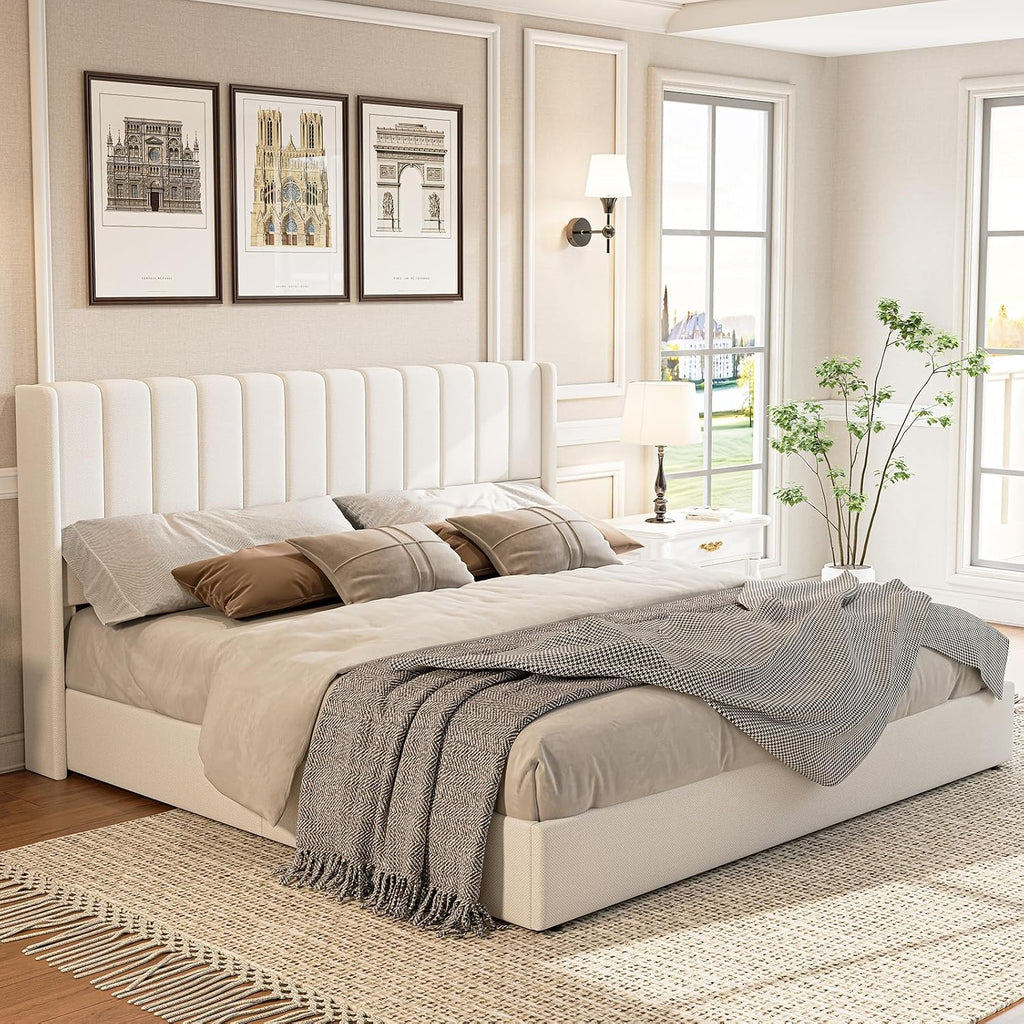 Jocisland King Size Lift Up Storage Bed Frame, Linen Upholstered Platform Bed with Vertical Channel Tufted Headboard and Wingback, Hydraulic System, No Box Spring Needed, Wood Slats Support, White