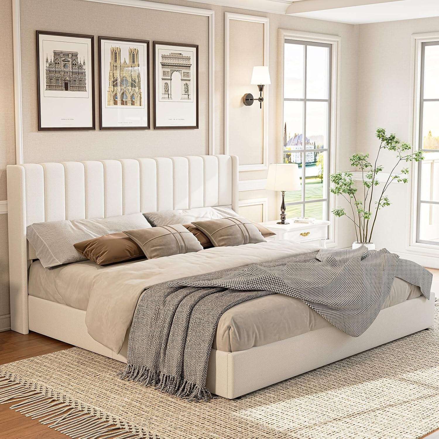 Jocisland King Size Lift Up Storage Bed Frame, Linen Upholstered Platform Bed with Vertical Channel Tufted Headboard and Wingback, Hydraulic System, No Box Spring Needed, Wood Slats Support, White